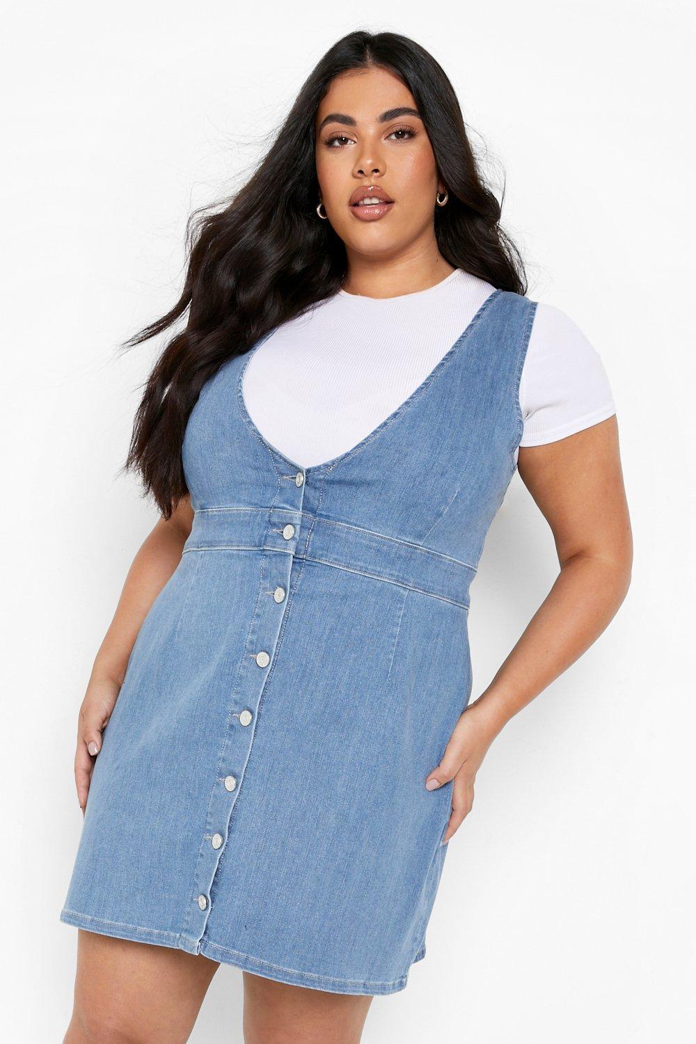 V neck on sale denim pinafore dress